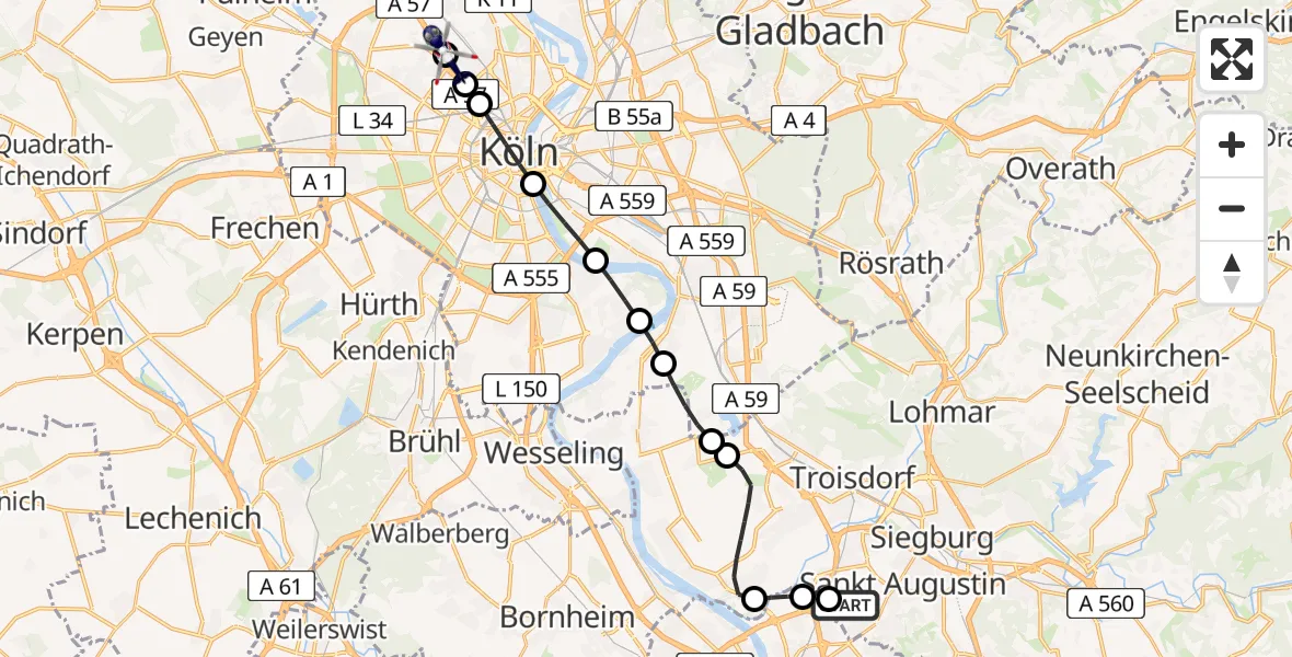 Flugroute Polizeihubschrauber Sankt Augustin - Ehrenfeld, 08 März 2026, 21:27