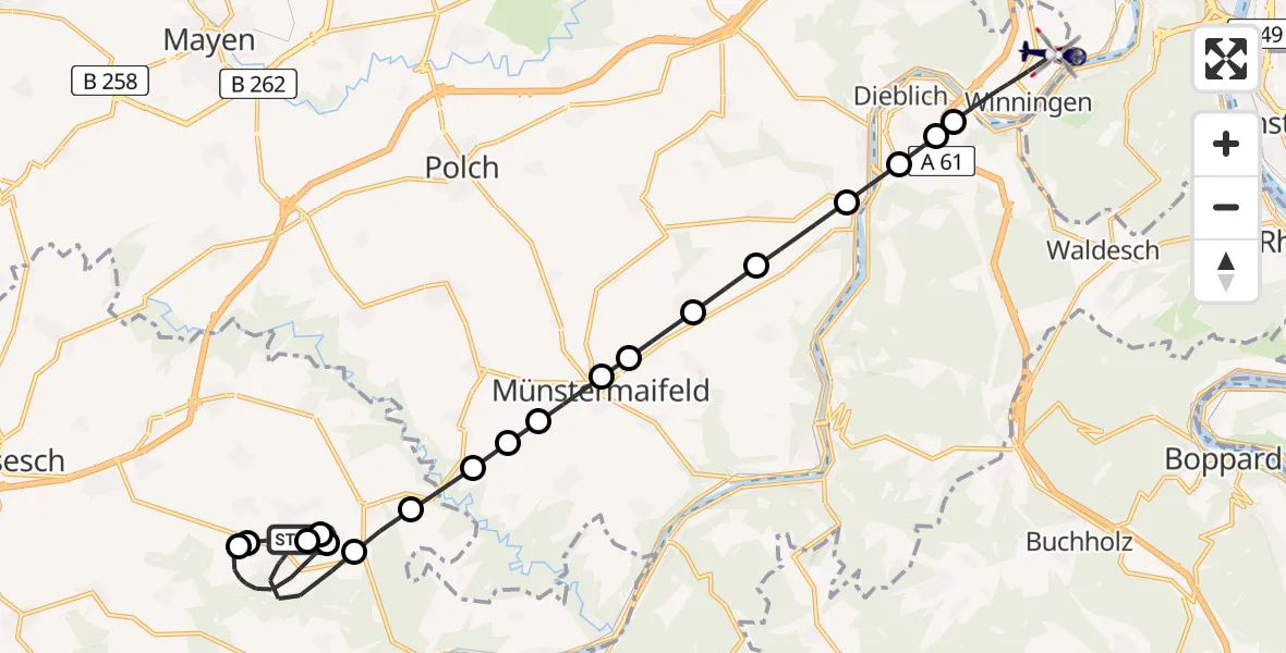 Flugroute Polizeihubschrauber Binningen - Koblenz-Winningen Airfield, 08 März 2026, 21:31