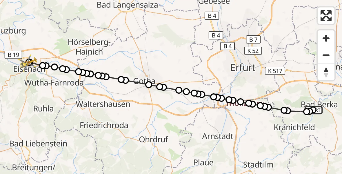 Flugroute Ambulanzhubschrauber Bad Berka Central Hospital - Sankt Georg Hospital Eisenach, 08 März 2026, 21:34