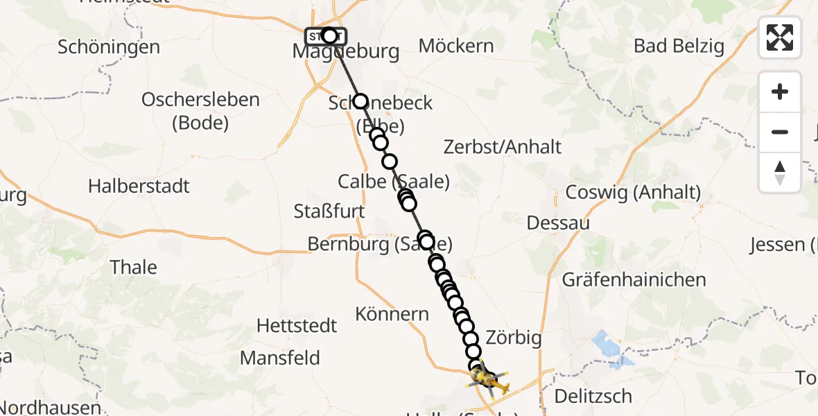 Flugroute Ambulanzhubschrauber Magdeburg Hospital - Halle-Oppin Airfield, 08 März 2026, 22:23