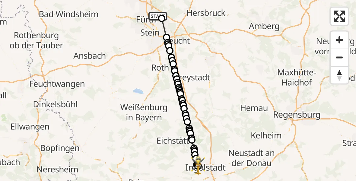 Flugroute Ambulanzhubschrauber Nuremberg Airport - Ingolstadt Hospital, 09 März 2026, 00:11