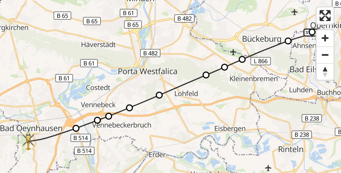 Flugroute Ambulanzhubschrauber Obernkirchen - Bad Oeynhausen, 09 März 2026, 03:37