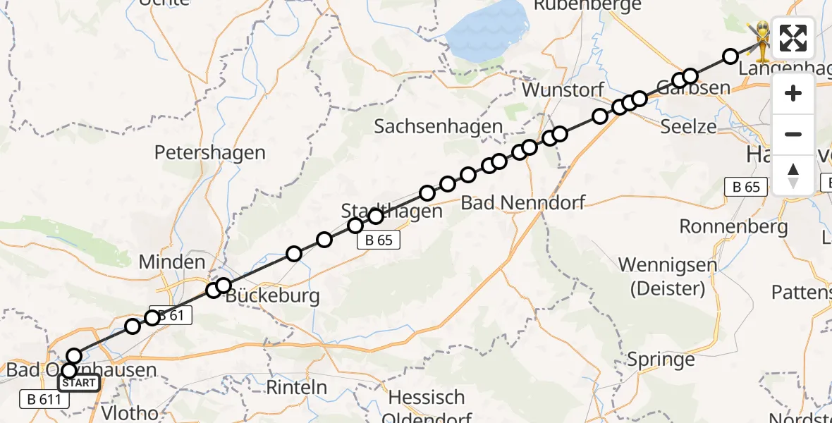 Flugroute Ambulanzhubschrauber Bad Oeynhausen - Hannover Airport, 09 März 2026, 04:41