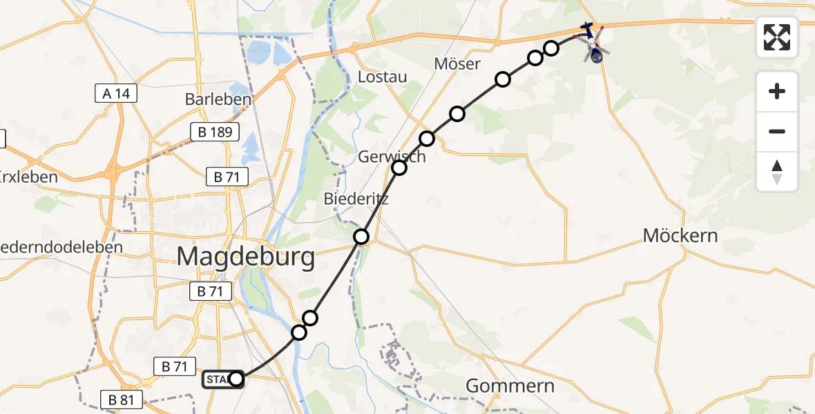 Flugroute Polizeihubschrauber Magdeburg City Airfield - Burg, 09 März 2026, 05:31