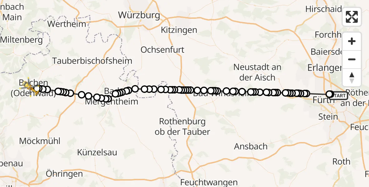Flugroute Ambulanzhubschrauber Nuremberg Airport - Buchen-Stadt, 09 März 2026, 05:58