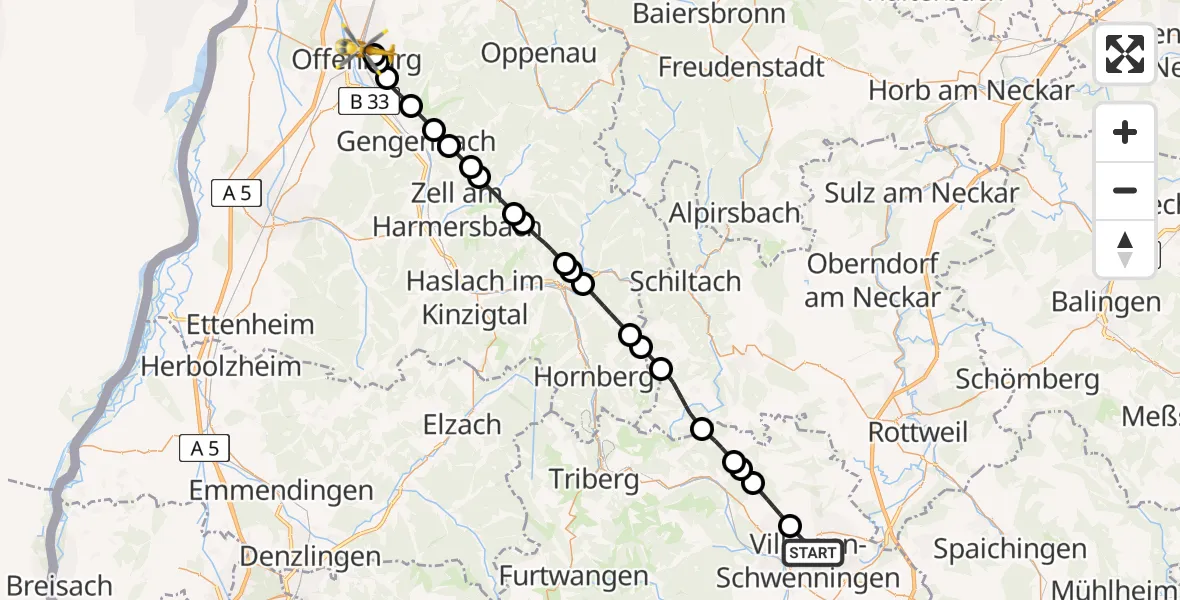 Routekaart van de vlucht: Rettungshubschrauber nach Offenburg, Moltkestraße