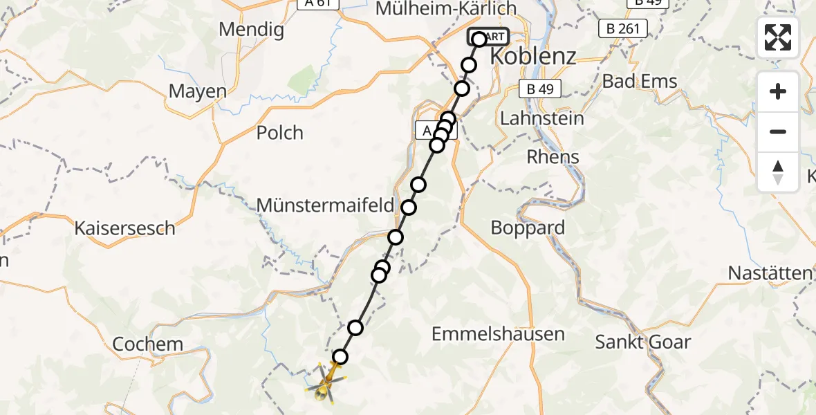 Flugroute Rettungshubschrauber Koblenz - Lahr, 09 März 2026, 06:43