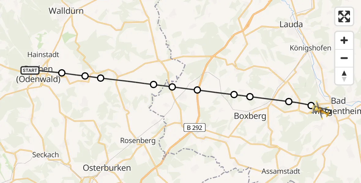 Flugroute Ambulanzhubschrauber Buchen-Stadt - Bad Mergentheim, 09 März 2026, 07:21