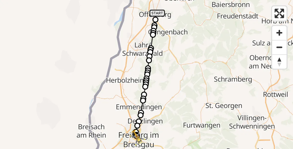 Flugroute Rettungshubschrauber Offenburg - Freiburg University Hospital Heliport 1, 09 März 2026, 07:22