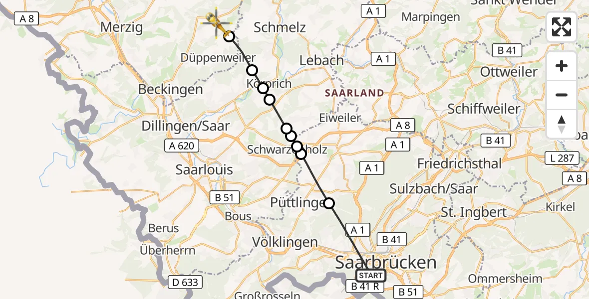 Flugroute Rettungshubschrauber Saarbrücken - Beckingen, 09 März 2026, 07:46