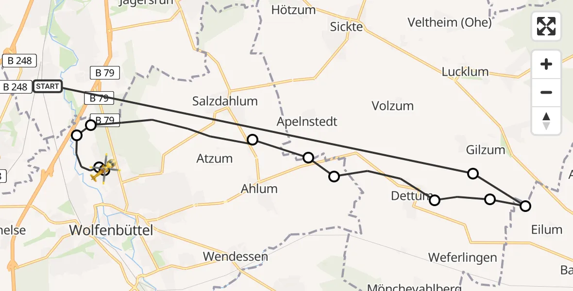 Flugroute Rettungshubschrauber Braunschweig-Süd - Wolfenbüttel Municipal Hospital Heliport (Christoph 30), 09 März 2026, 07:48