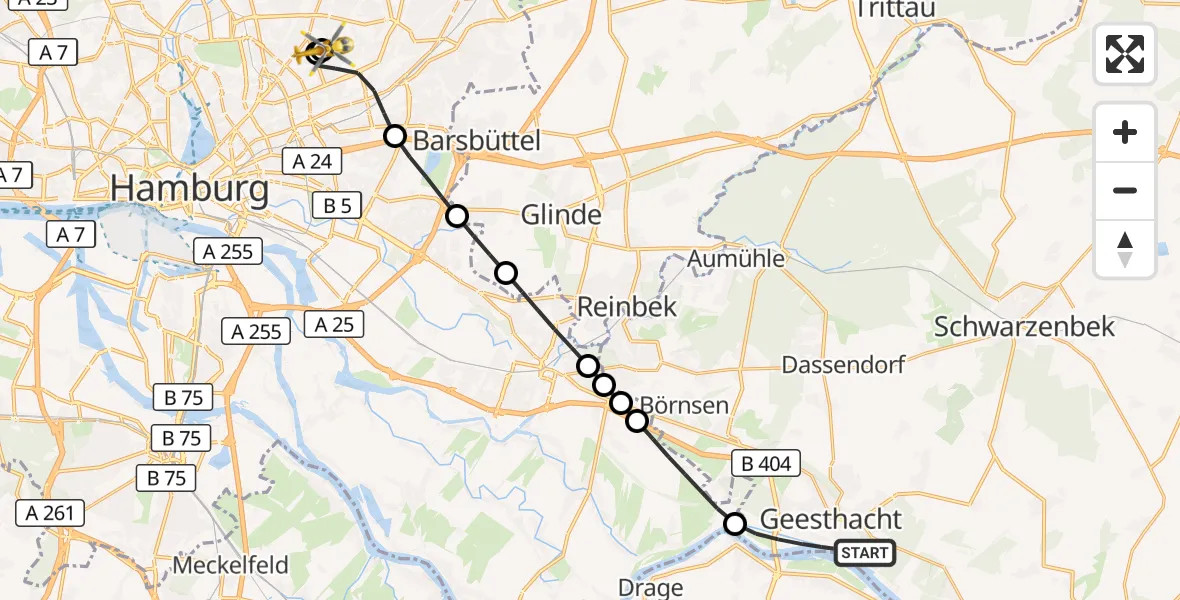Flugroute Rettungshubschrauber Geesthacht - Hamburg Military Hospital, 09 März 2026, 07:49