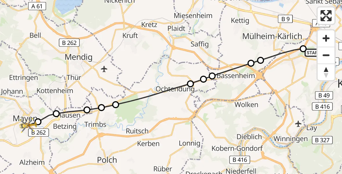 Flugroute Rettungshubschrauber Bubenheim - Mittlerhein Community Hospital Sankt Elisabeth Mayen Heliport, 09 März 2026, 07:55