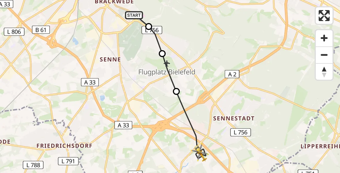 Routekaart van de vlucht: Rettungshubschrauber nach Bielefeld, Fliednerweg