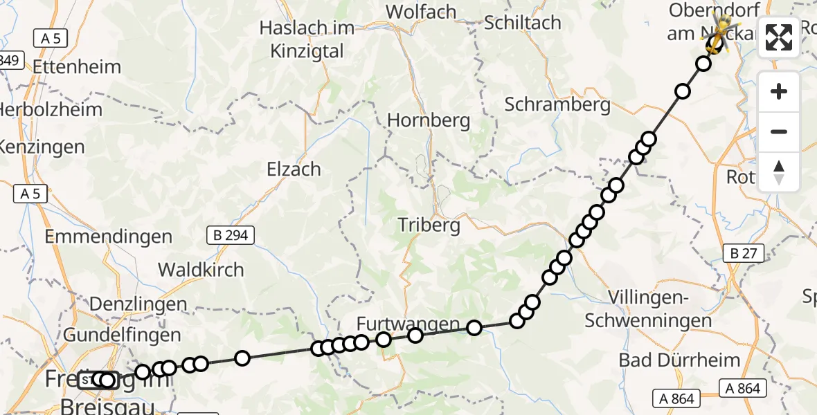 Flugroute Rettungshubschrauber Freiburg University Hospital Heliport 1 - Oberndorf am Neckar, 09 März 2026, 08:24