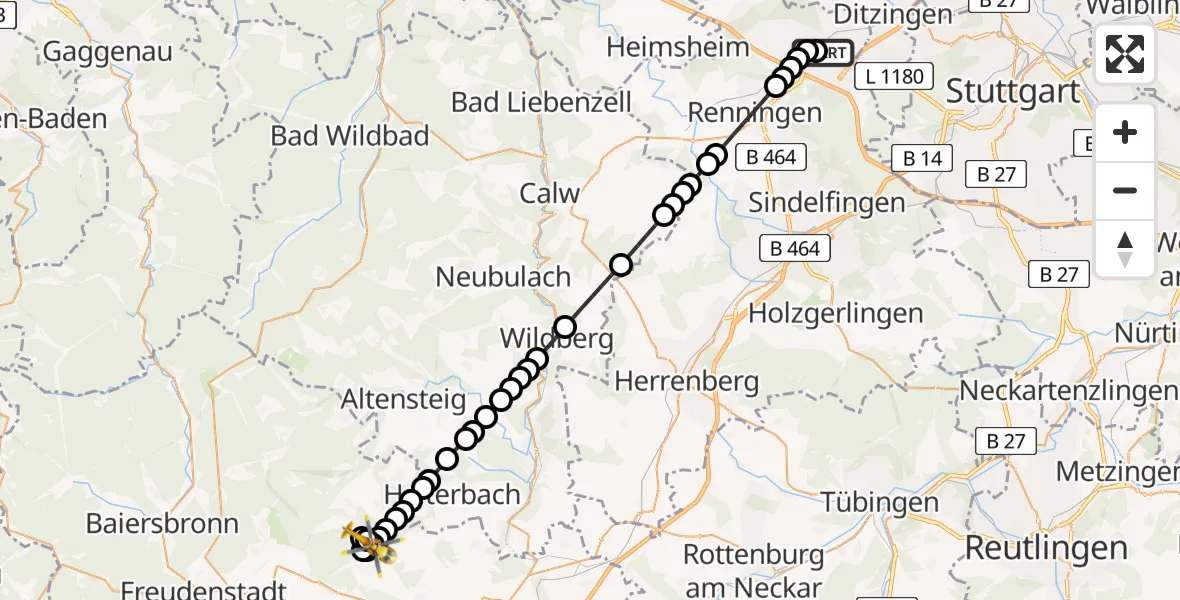 Flugroute Rettungshubschrauber Leonberg Hospital - Cresbach, 09 März 2026, 08:27