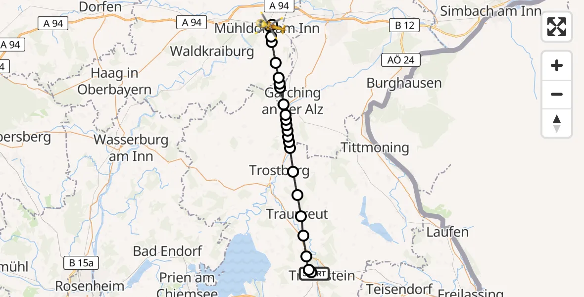 Flugroute Rettungshubschrauber Traunstein Hospital - Mühldorf am Inn Hospital, 09 März 2026, 08:29