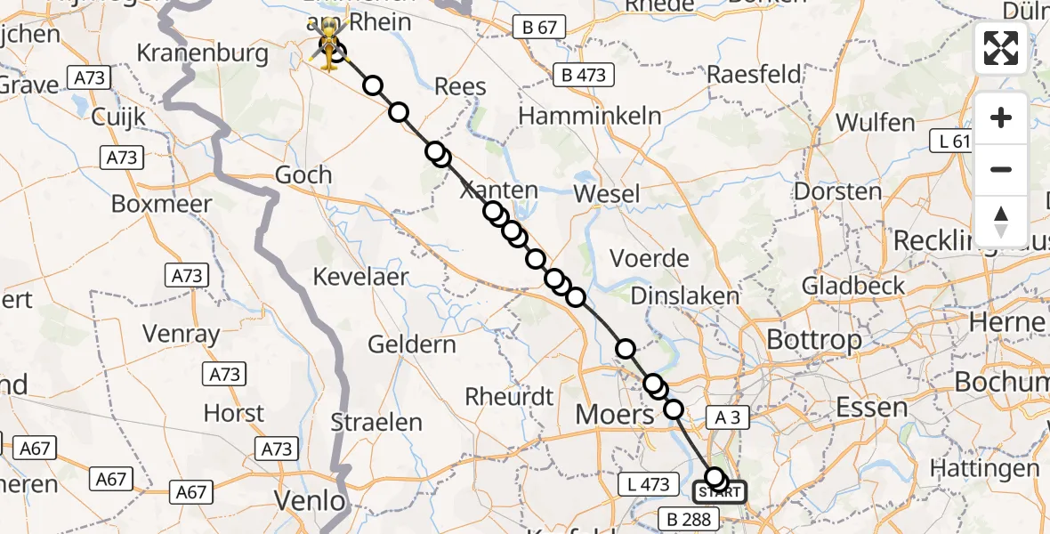Flugroute Rettungshubschrauber Duisburg Air Rescue Heliport (Christoph 9) - Warbeyen, 09 März 2026, 08:33