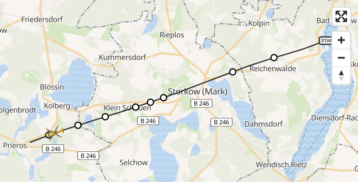 Flugroute Rettungshubschrauber Bad Saarow - Kolberg, 09 März 2026, 08:35