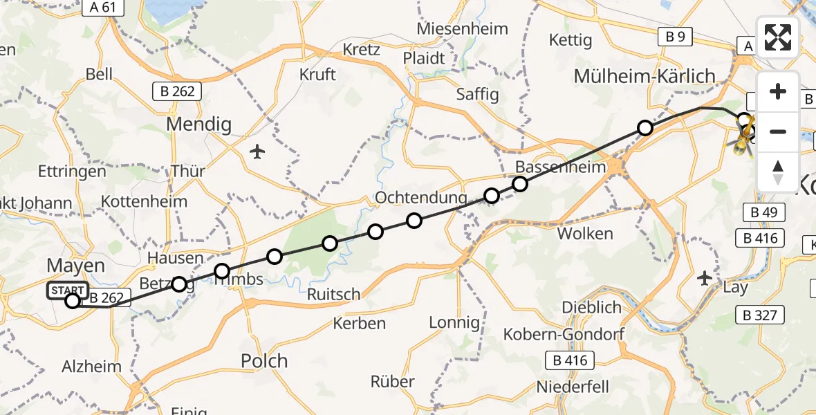Flugroute Rettungshubschrauber Mittlerhein Community Hospital Sankt Elisabeth Mayen - Koblenz, 09 März 2026, 08:38