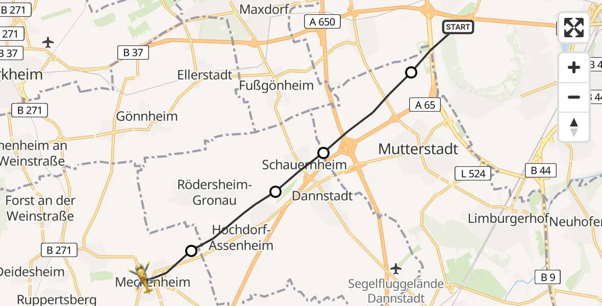 Flugroute Rettungshubschrauber Ludwigshafen am Rhein - Meckenheim, 09 März 2026, 08:50