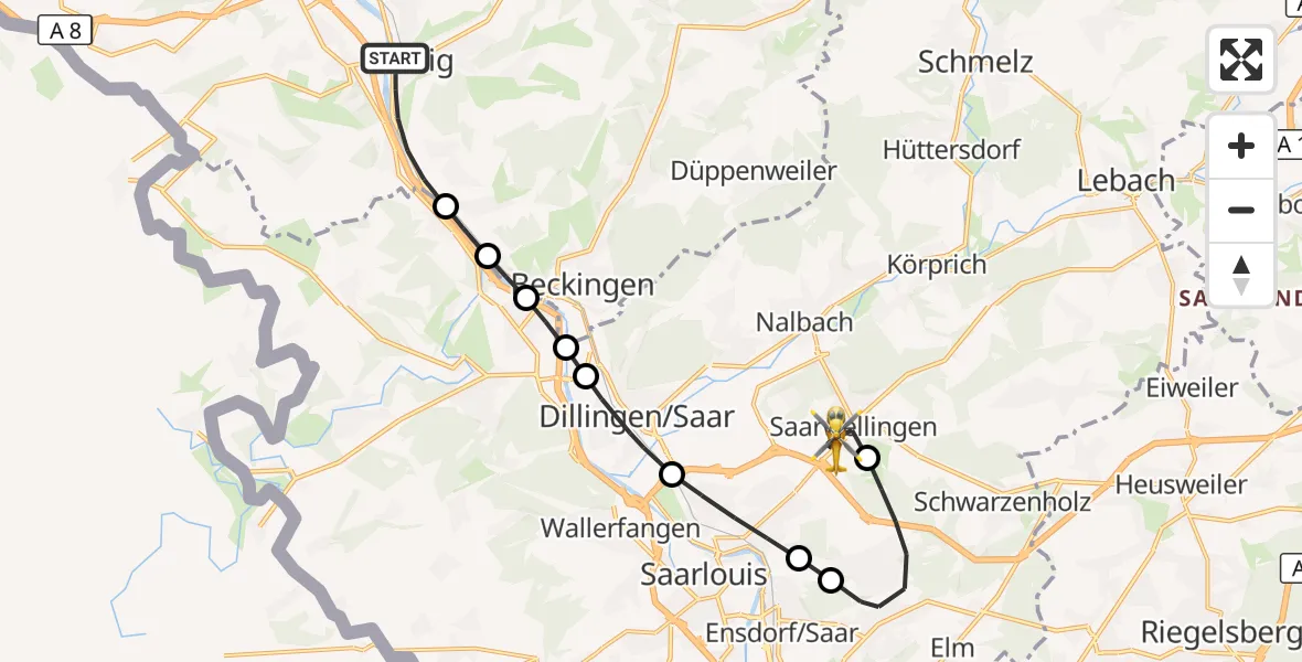 Flugroute Rettungshubschrauber Merzig - Saarwellingen, 09 März 2026, 08:54