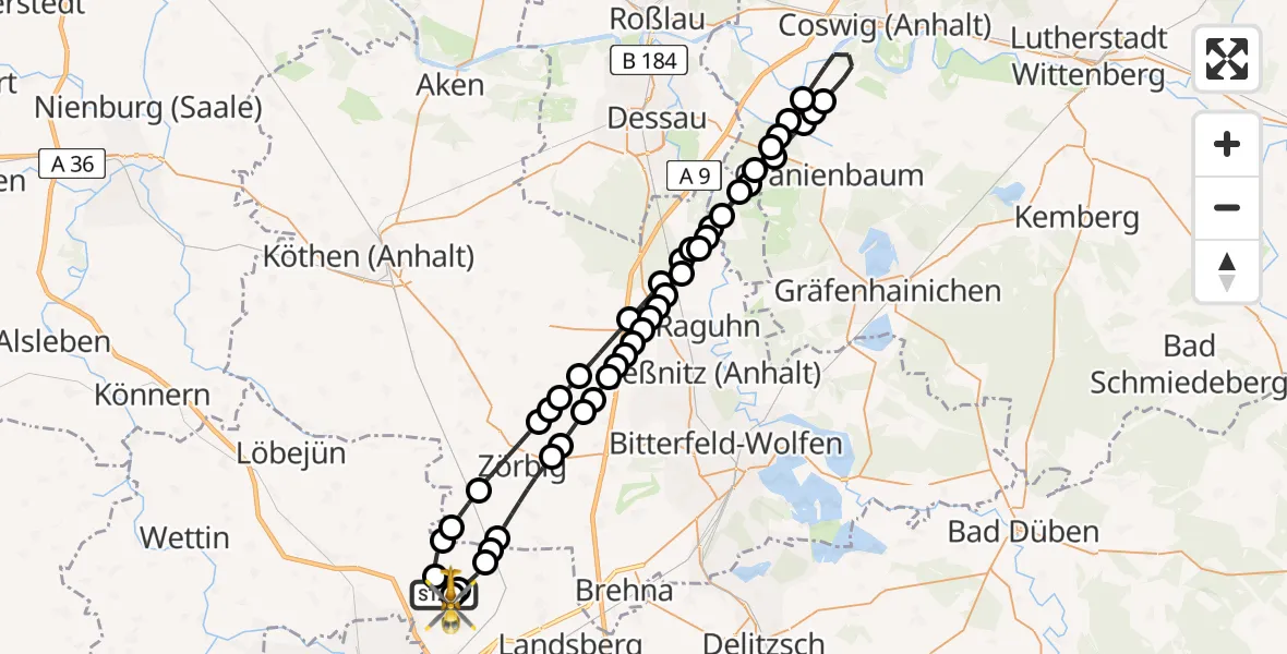 Flugroute Rettungshubschrauber Landsberg - Halle-Oppin Airfield, 09 März 2026, 09:02