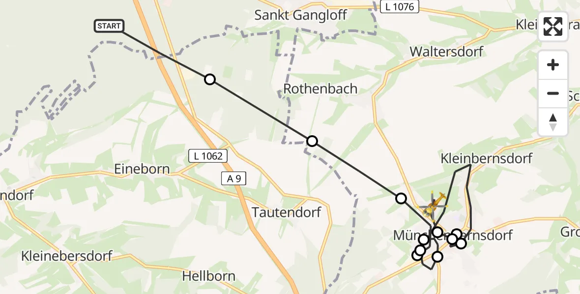 Flugroute Rettungshubschrauber St. Gangloff - Kleinbernsdorf, 09 März 2026, 09:06