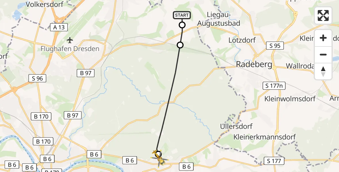 Routekaart van de vlucht: Rettungshubschrauber nach Weißer Hirsch Hospital