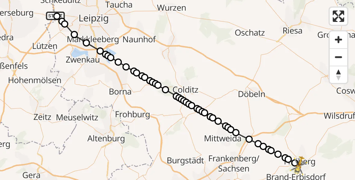 Flugroute Rettungshubschrauber ADAC Air Rescue Station Leipzig/Schkeuditz-Dölzig Heliport (Christoph 61) - Freiberg, 09 März 2026, 09:12