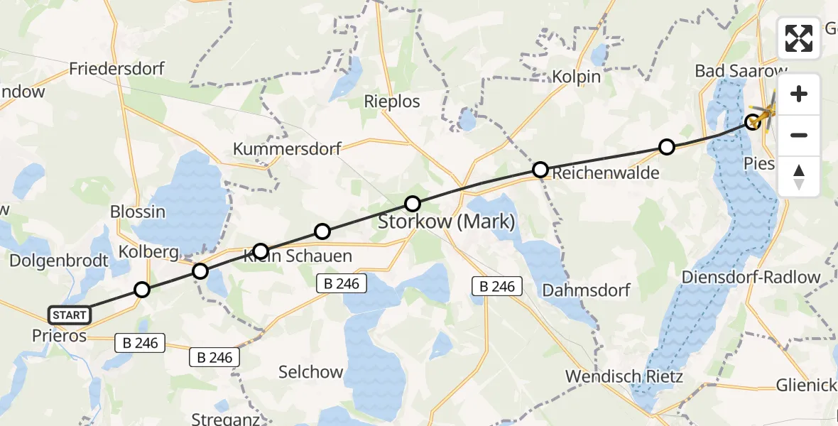 Flugroute Rettungshubschrauber Prieros - Pieskow, 09 März 2026, 09:13