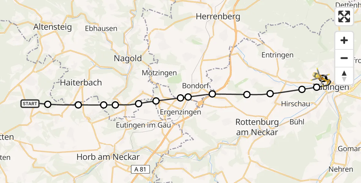 Flugroute Rettungshubschrauber Cresbach - Tübingen University Hospital, 09 März 2026, 09:15