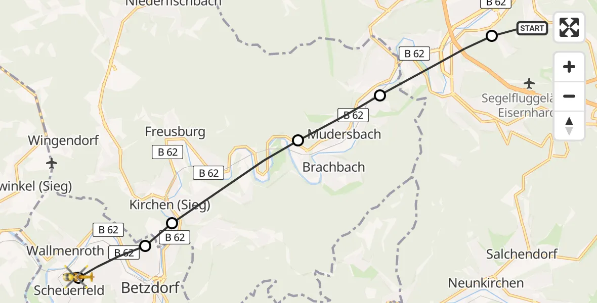 Flugroute Rettungshubschrauber Evangelisches Jung-Stilling Hospital - Scheuerfeld, 09 März 2026, 09:16