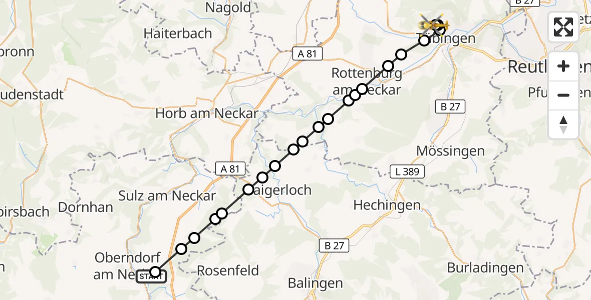 Flugroute Rettungshubschrauber Altoberndorf - Tübingen Trauma Hospital, 09 März 2026, 09:16