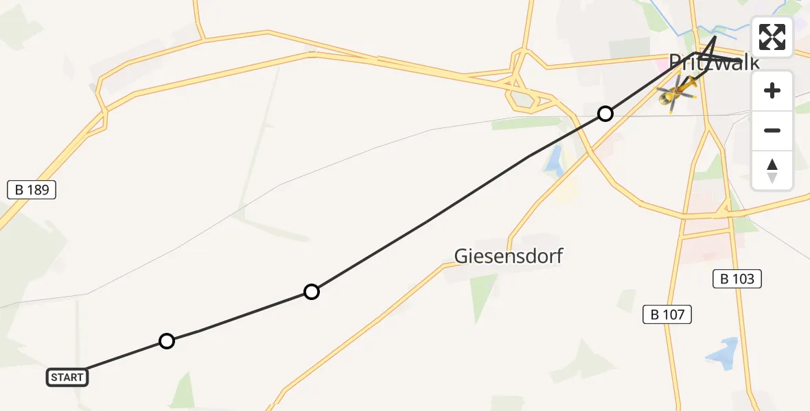 Flugroute Rettungshubschrauber Groß Pankow - Pritzwalk, 09 März 2026, 09:18
