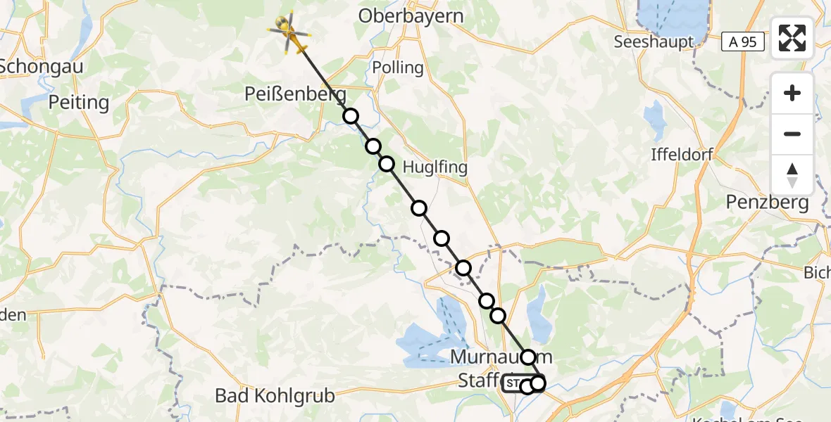 Flugroute Rettungshubschrauber Murnau Accident Hospital - Peißenberg, 09 März 2026, 09:19