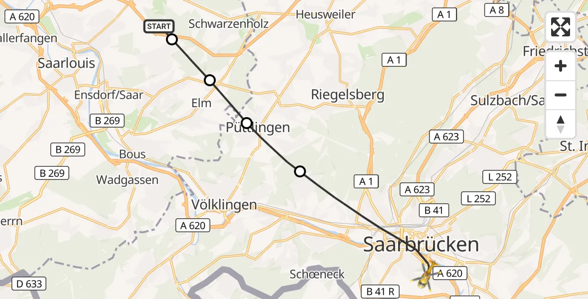 Flugroute Rettungshubschrauber Saarlouis - Saarbrücken, 09 März 2026, 09:23