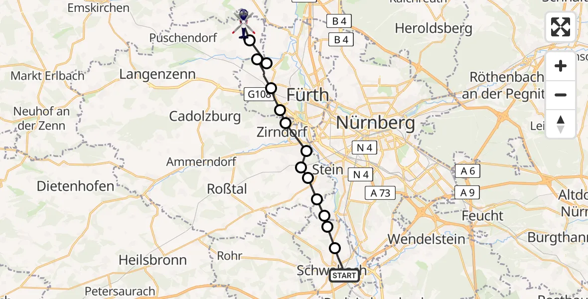 Flugroute Polizeihubschrauber Schwabach - Untermichelbach, 09 März 2026, 09:28