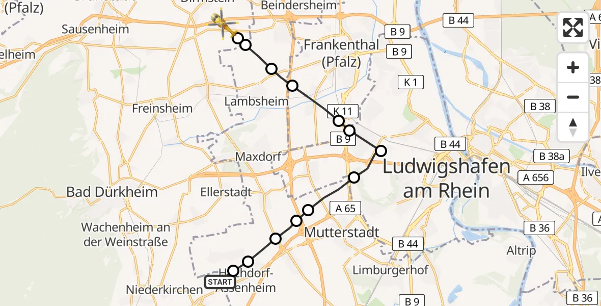 Flugroute Rettungshubschrauber Meckenheim - Gerolsheim, 09 März 2026, 09:30
