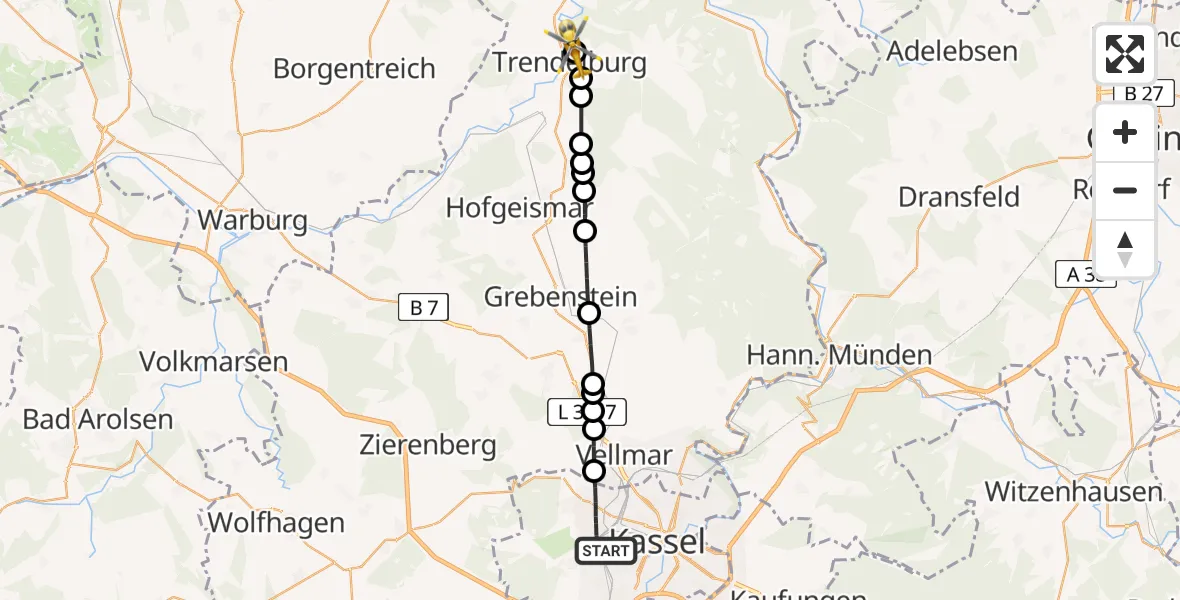 Flugroute Rettungshubschrauber Kassel - Trendelburg, 09 März 2026, 09:34