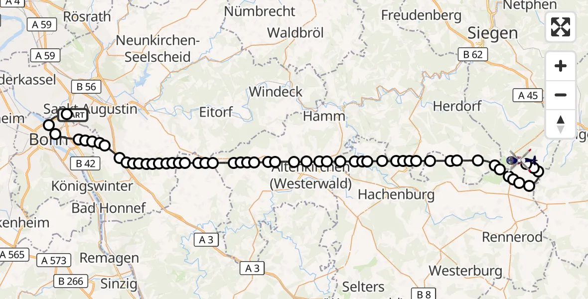 Flugroute Polizeihubschrauber Sankt Augustin - Siegerland Airport, 09 März 2026, 09:40