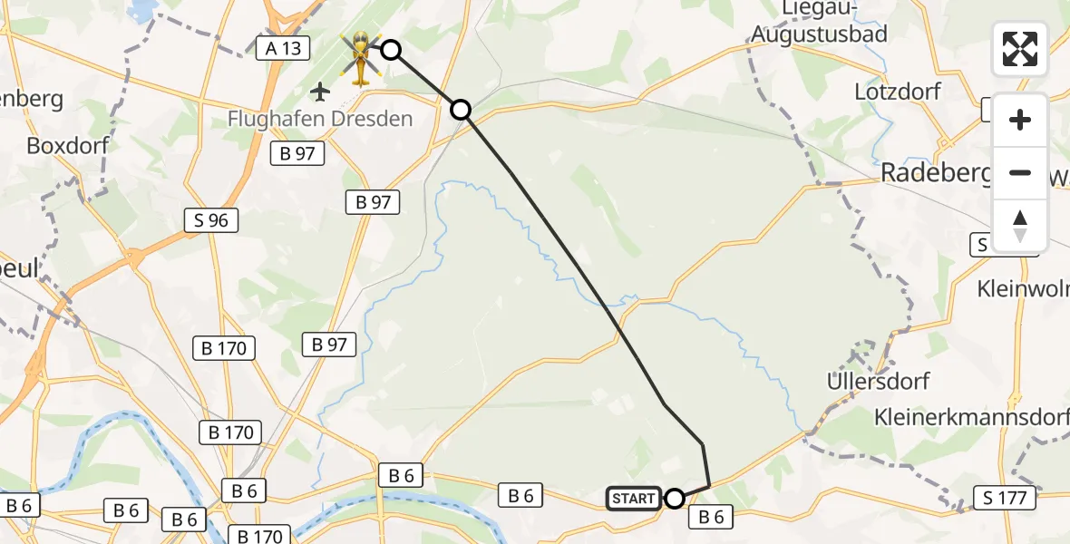 Flugroute Rettungshubschrauber Weißer Hirsch Hospital - Dresden Federal Police Heliport, 09 März 2026, 09:42