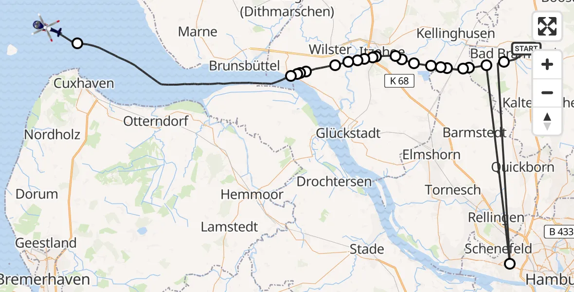 Flugroute Polizeihubschrauber Bad Bramstedt - Cuxhaven, 09 März 2026, 09:43