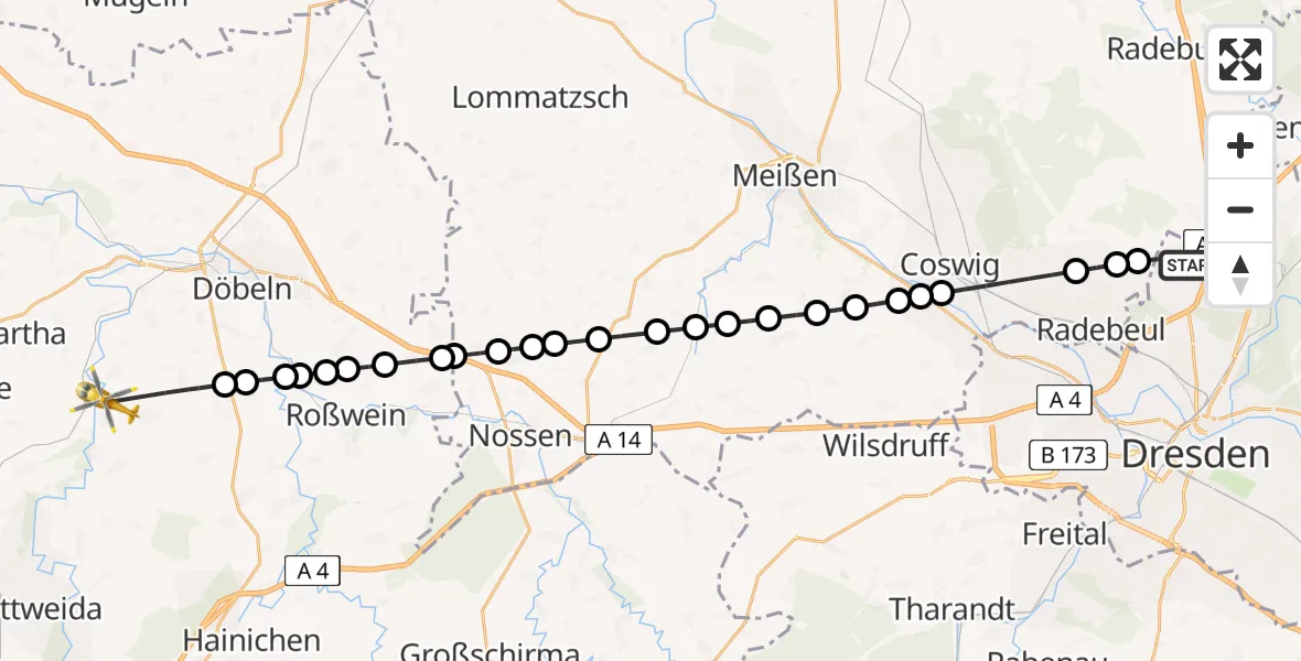 Flugroute Rettungshubschrauber Klotzsche - Schönberg, 09 März 2026, 09:48