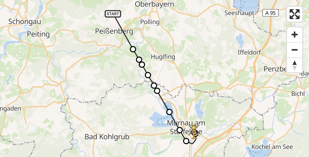 Routekaart van de vlucht: Rettungshubschrauber nach Murnau Accident Hospital