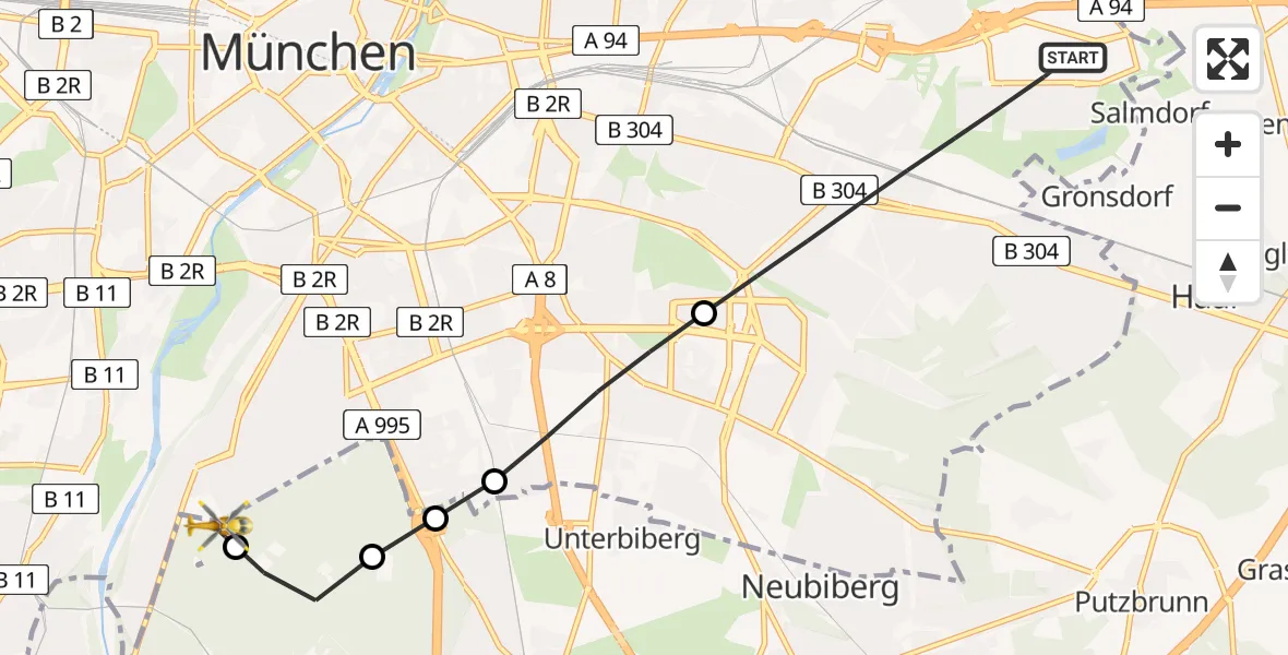 Flugroute Rettungshubschrauber München - ADAC Air Rescue Center Heliport (Christoph 1), 09 März 2026, 09:50