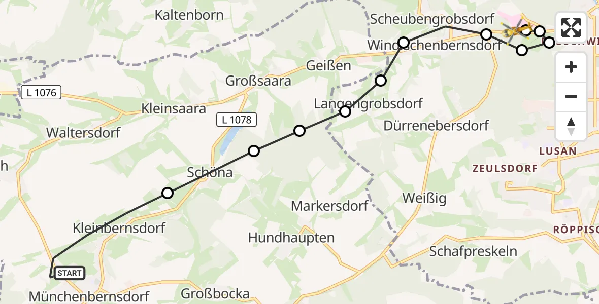 Flugroute Rettungshubschrauber Kleinbernsdorf - SRH Wald-Klinikum Gera Hospital, 09 März 2026, 09:50