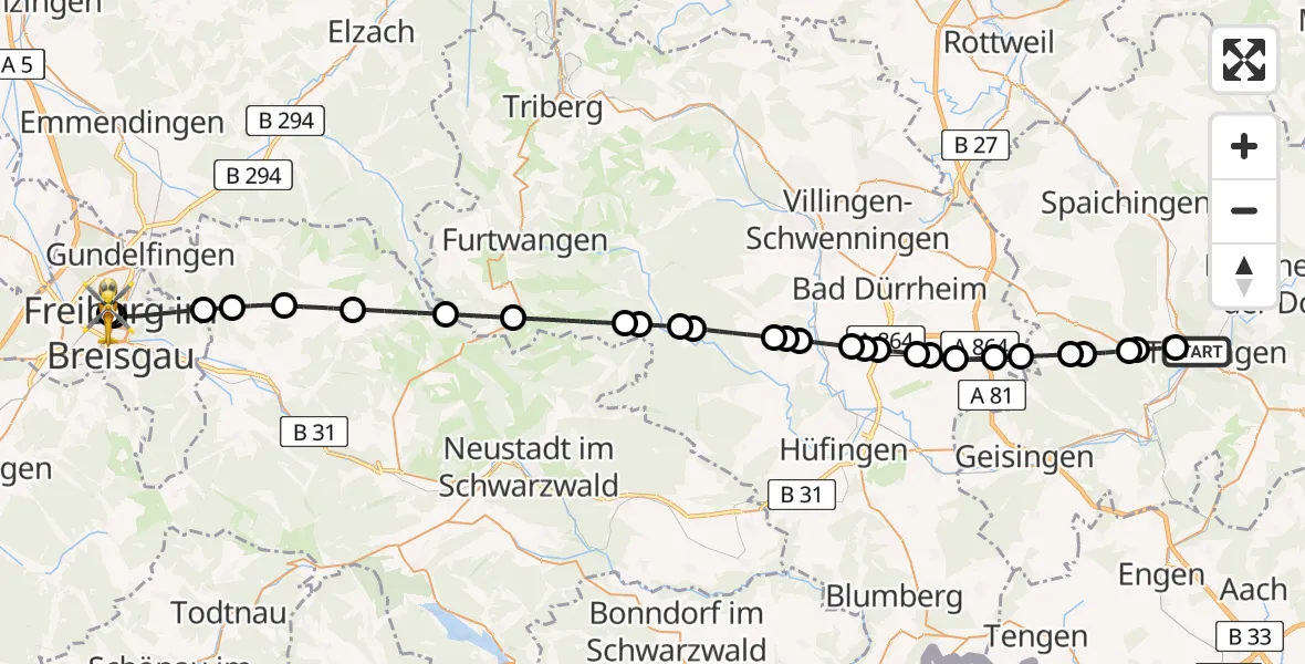 Routekaart van de vlucht: Rettungshubschrauber nach Freiburg University Hospital Heliport 1
