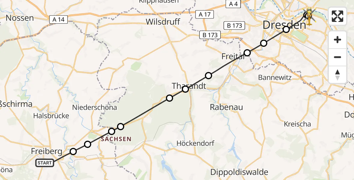 Flugroute Rettungshubschrauber Freiberg - Dresden University Hospital, 09 März 2026, 10:03