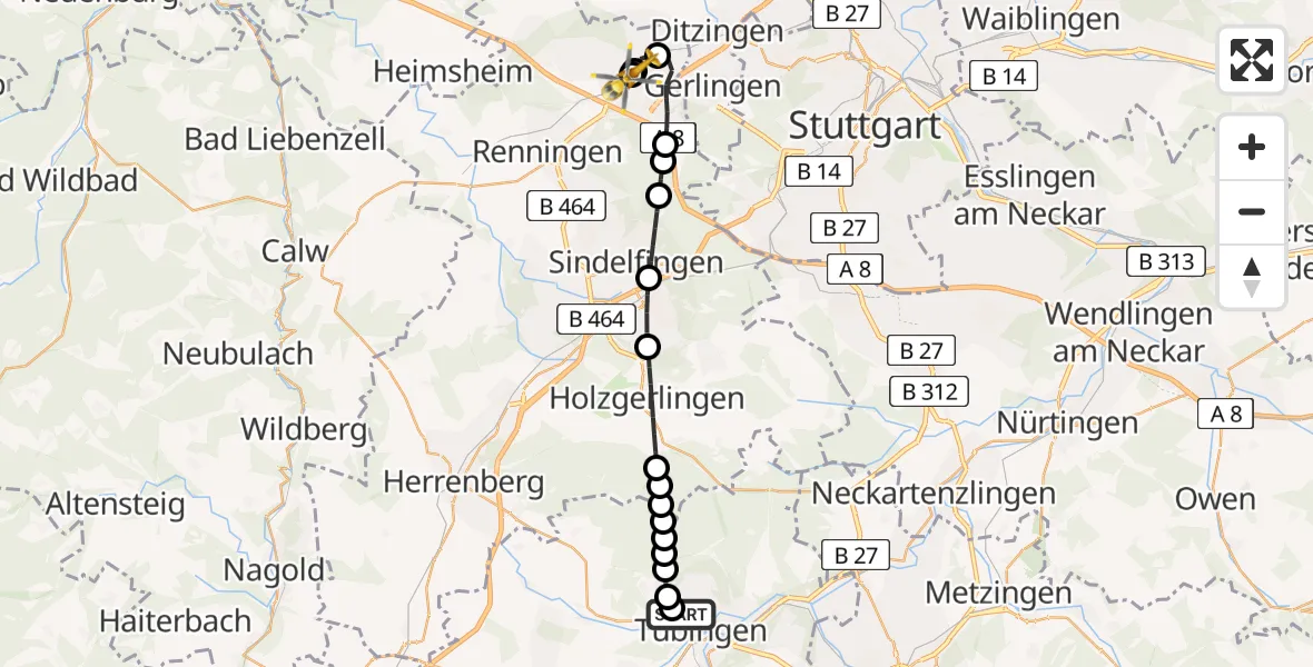 Flugroute Rettungshubschrauber Tübingen University Hospital - Leonberg Hospital, 09 März 2026, 10:08